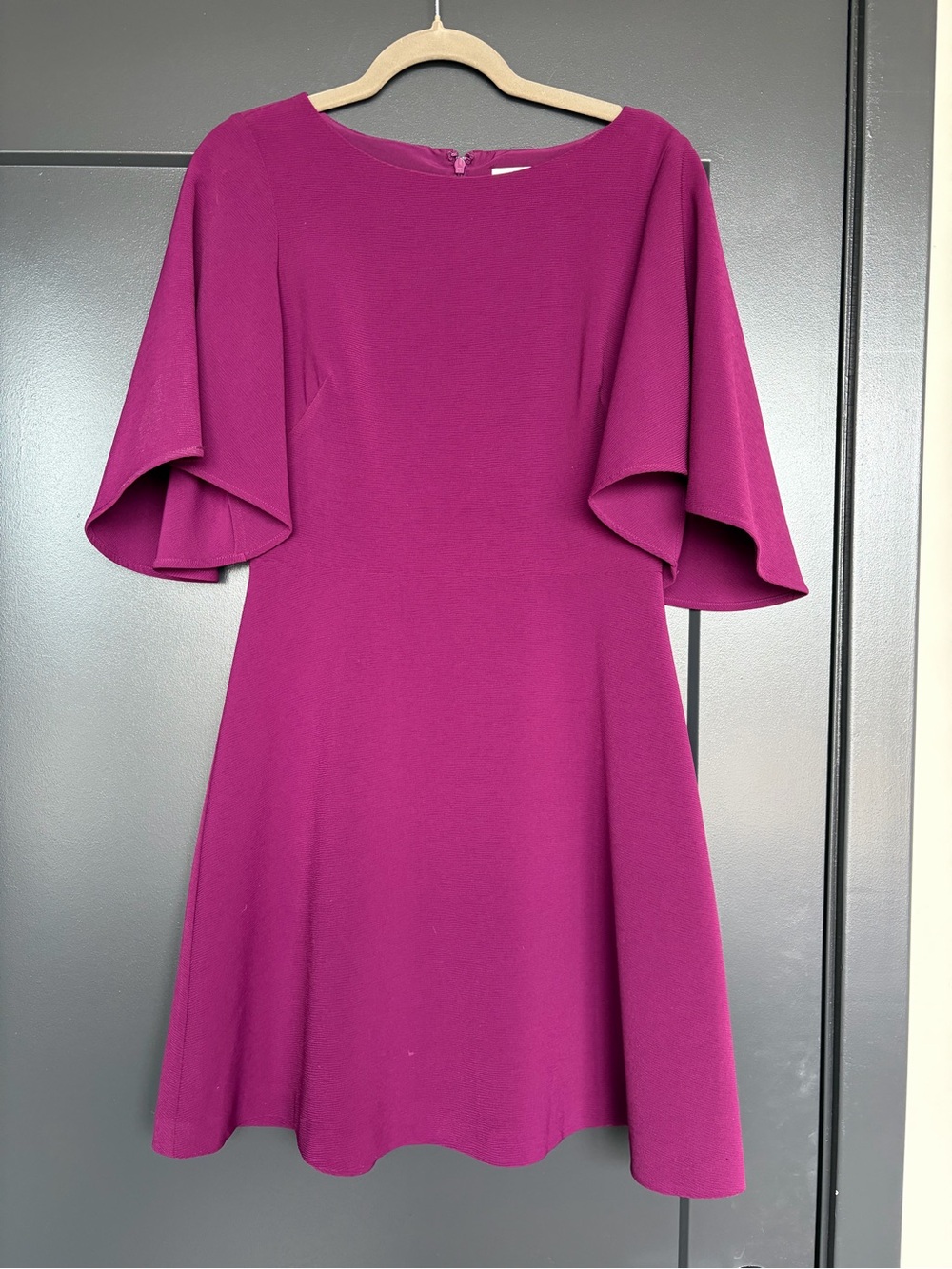 Badgley Mischka Magenta Fit-and-Flare Midi Dress with Flutter Sleeves